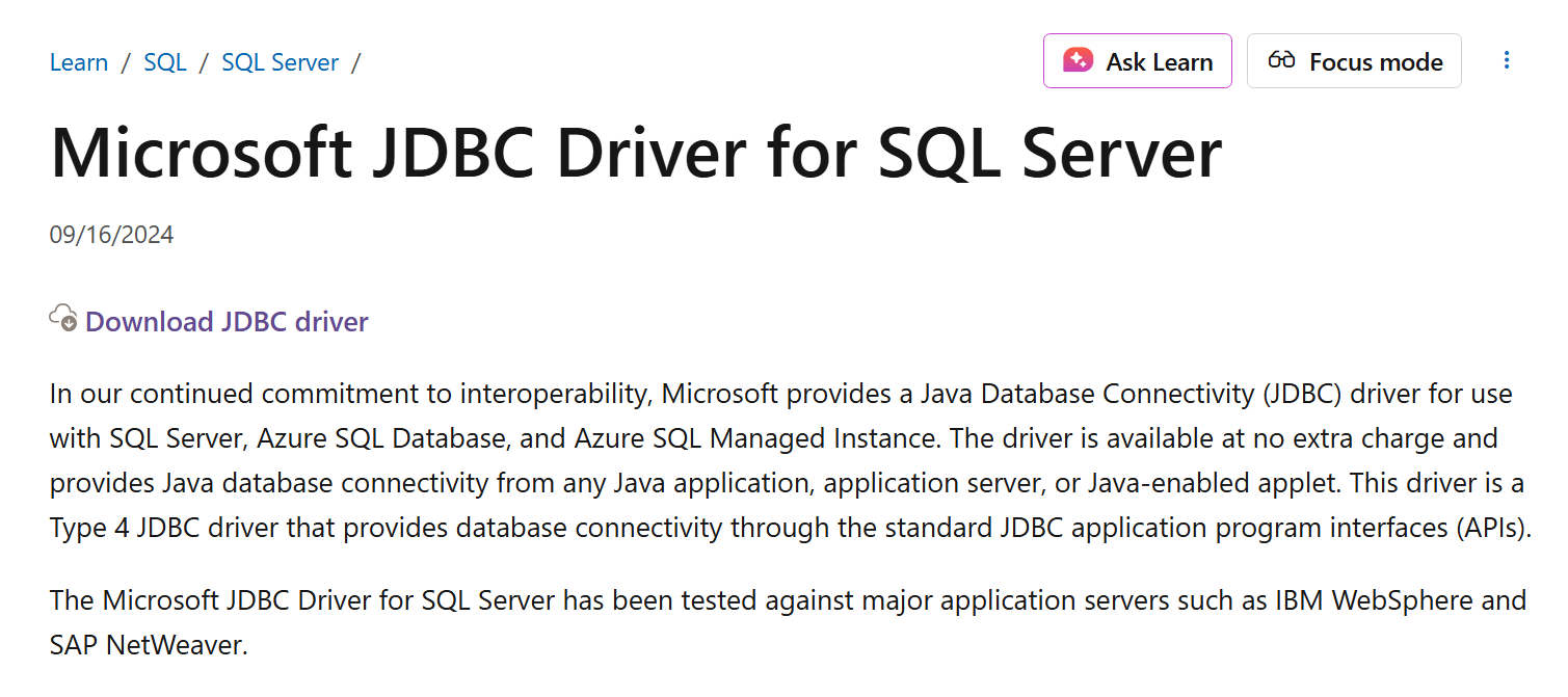 Microsoft JDBC Driver for SQL Server screenshot